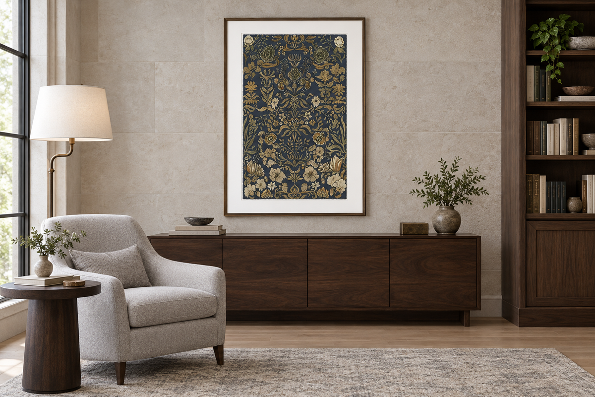 Dark botanical artwork in a refined reading room