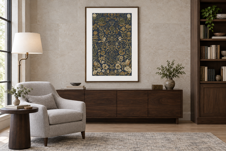 Dark botanical artwork in a refined reading room