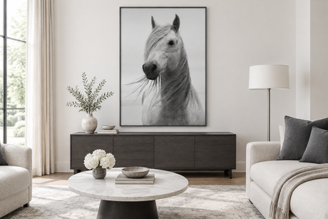 Horse artwork displayed in a refined neutral room setting
