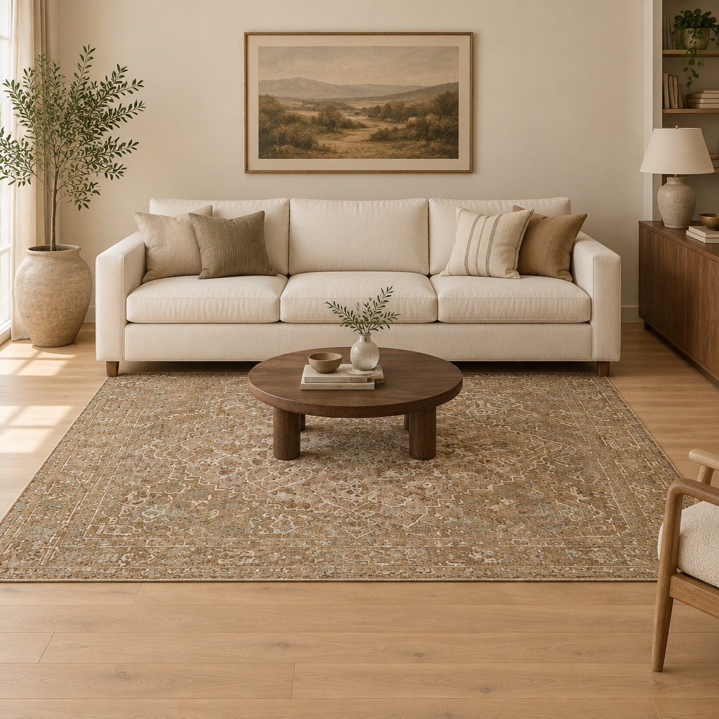 New room setting with rug aligned to the sofa