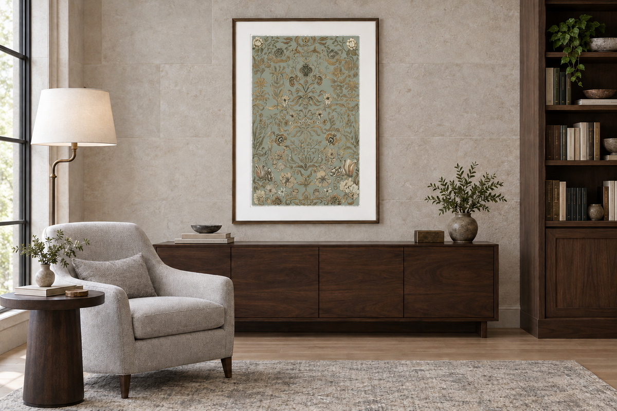 Sage botanical artwork in the same reading-room setting and proportions