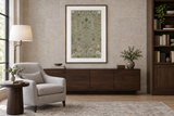 Sage botanical artwork in the same reading-room setting and proportions